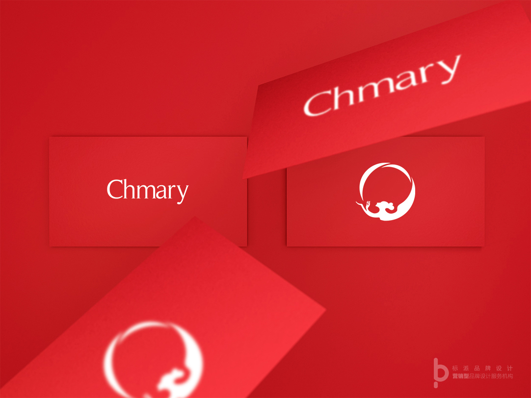 倾城美业Logo红白名片应用，白色圆形徽标与Chmary字标