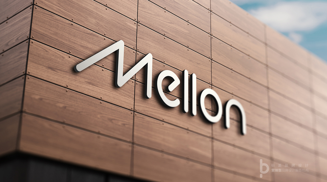Mellon品牌Logo外墙标识应用，木质幕墙立体字标