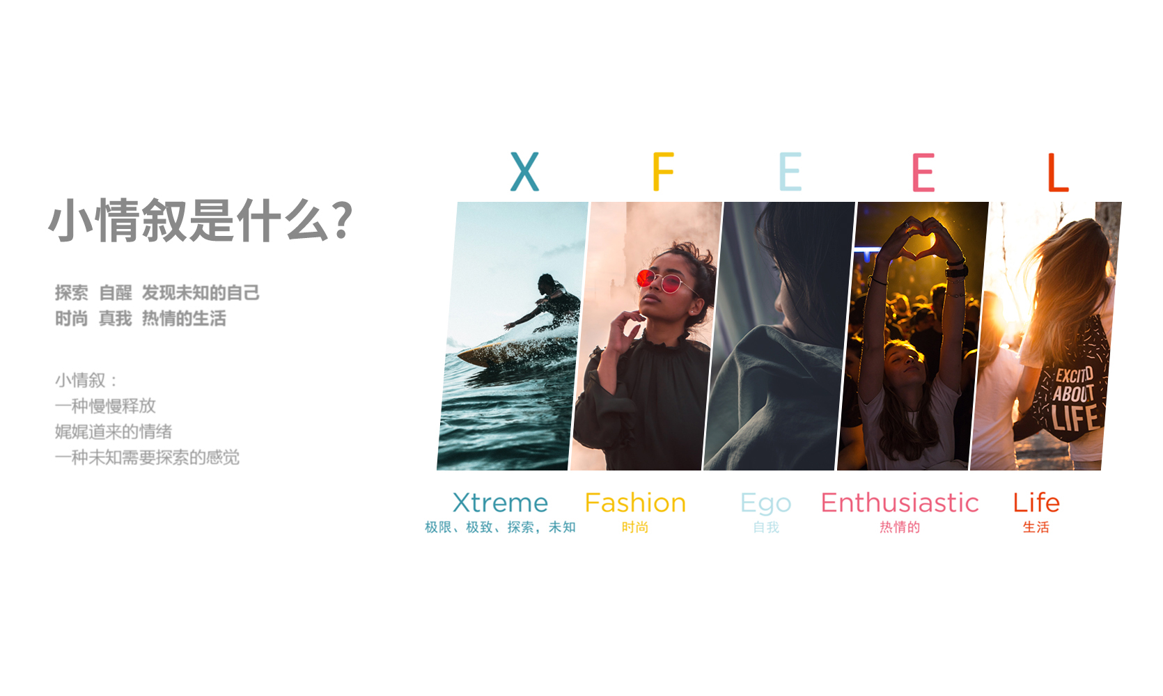 小情叙品牌策略页，XFEEL五字母情绪解码与品牌定位