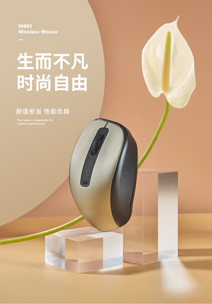 时代节点ERANODE M803时尚无线鼠标电商详情页-香槟金渐变暖橙背景白掌花主视觉