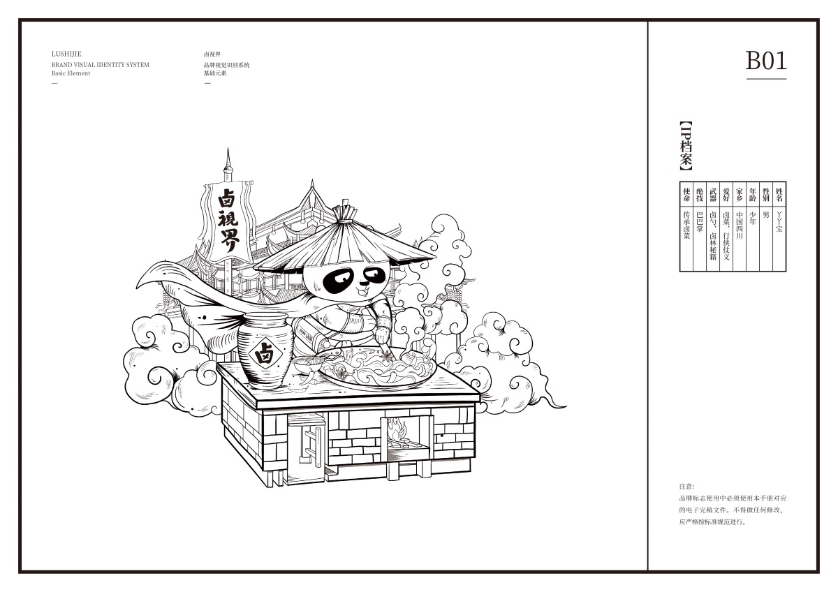 IP线稿,IP人设档案,卤味品牌设计,餐饮品牌全案,IP形象设计,熊猫IP,江湖文化品牌,鲜卤品牌