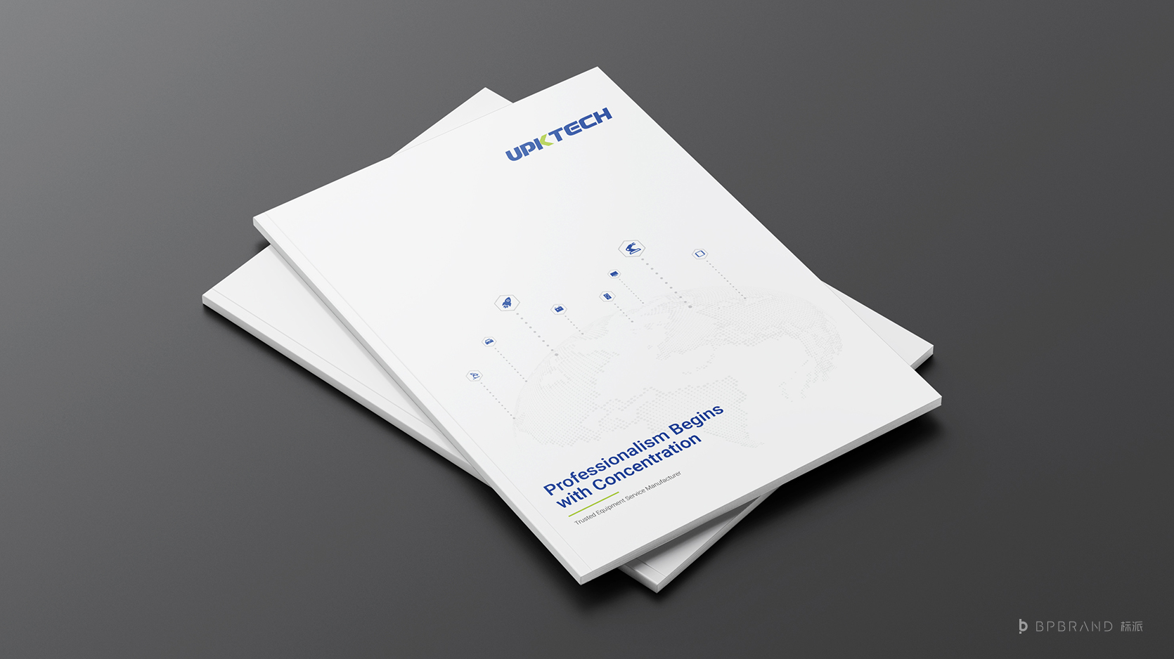 宇鹏科技UPKTECH自动化设备画册设计-纯白深蓝点阵世界地图绿色K封面主视觉